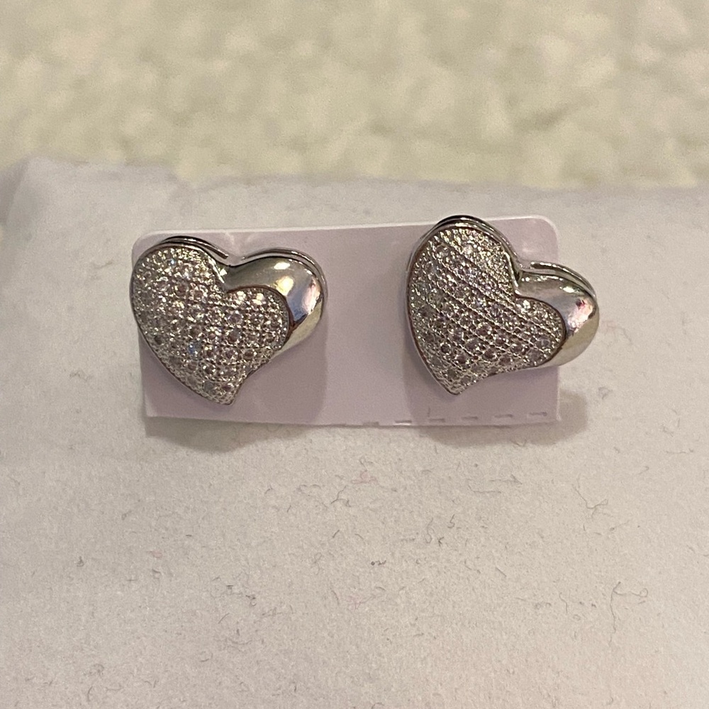 Silver-toned Heart Pavé Stud Earrings Pushbacks